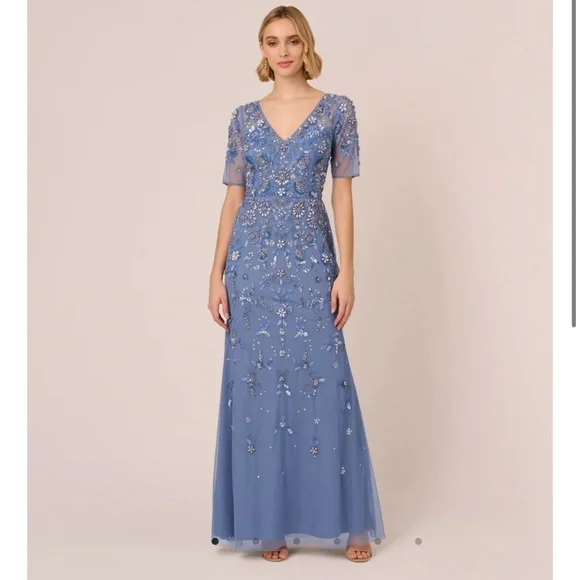 【海外限定】AdriannaPapell ☆ドレスBlue Shirred Mermaid Jers Adrianna Papell | Dresses | Adrianna Papell 3d Floral Beaded